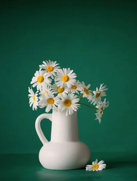 Kamomill Blommor Vit Kanna Grön Bakgrund — Stockfoto