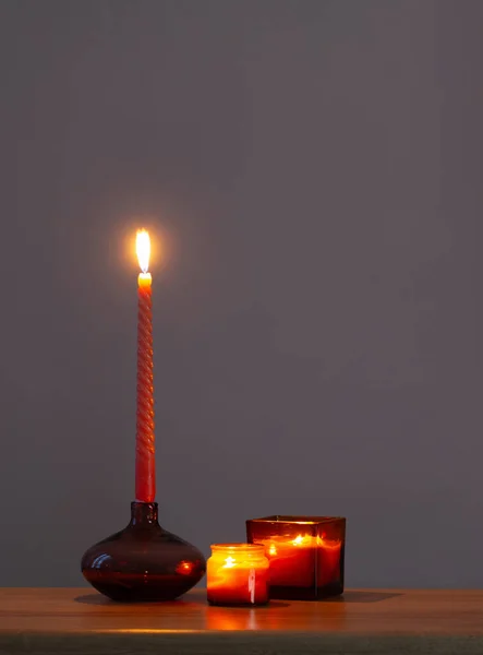 Burning Candles Glass Candlesticks Dark Background — Stock Photo, Image
