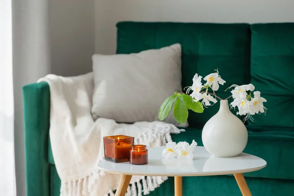 Branch White Rhododendron Vase Burning Candles Modern Cozy Interior — Stock Photo, Image