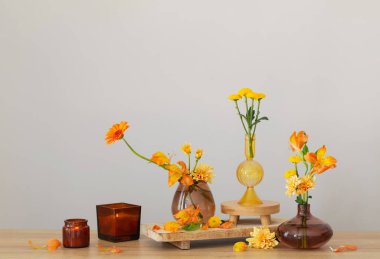 Arka plandaki ahşap rafta sonbahar durgun hayatı