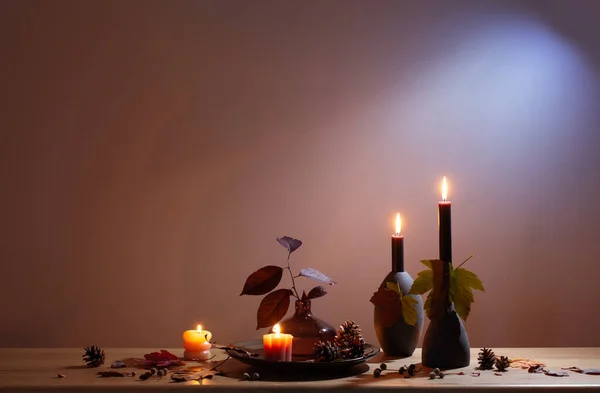 Autumn Dark Decor Candles Wooden Shelf Background Wall — Stock Photo, Image