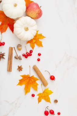 Beyaz mermer zemin üzerinde sonbahar doğal dekoru