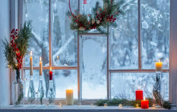Christmas Decor Background Old Wooden Window — Stock Photo, Image