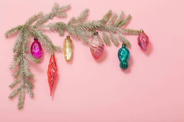 Vintage Glass Christmas Toys Pink Background — Stock Photo, Image