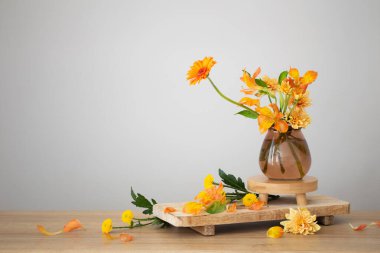 Arka plandaki ahşap rafta sonbahar durgun hayatı