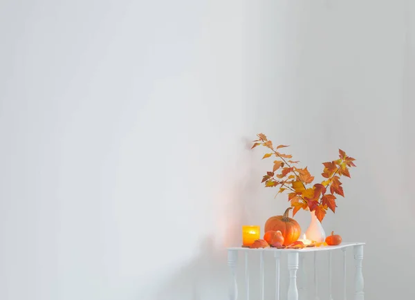 Buquê Outono Vaso Branco Prateleira Madeira Interior Branco — Fotografia de Stock