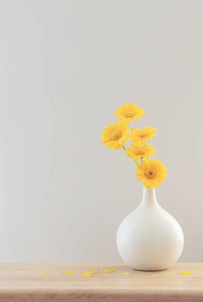 Yellow Gerbera Modern Vase Wooden Shelf — Stock Photo, Image