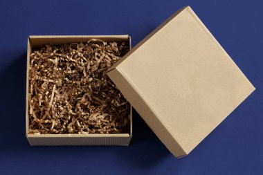 Mavi zemin üzerinde kağıt kamış olan kahverengi kutuyu geri dönüştürme