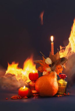 Sonbahar, koyu mavi arka planda sakin bir hayat.