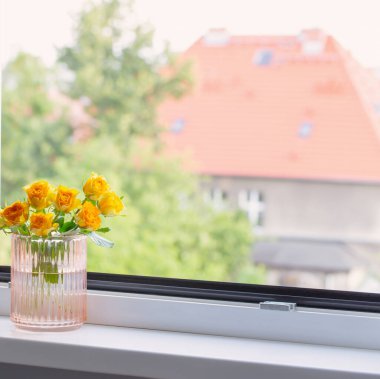 Cam vazoda sarı güller pencere kenarında