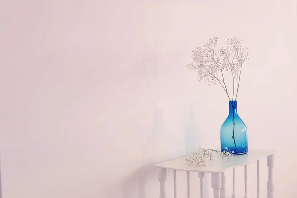 Gypsophila Blue Glass Vase Old Wooden Shelf White Background — Stock Photo, Image