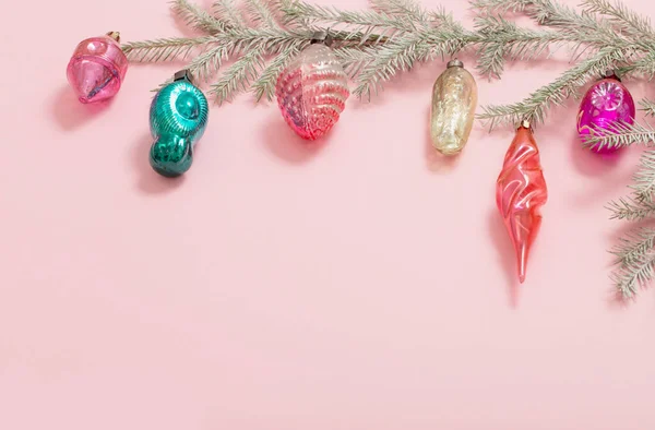 Vintage Glass Christmas Toys Pink Background — Stock Photo, Image