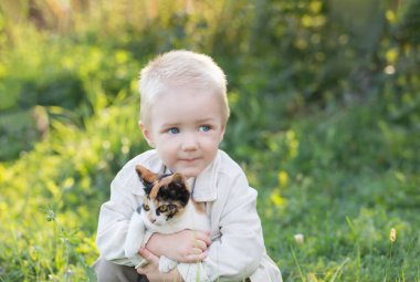 Güneşli yaz gününde kucağında kedi yavrusu tutan küçük çocuk.