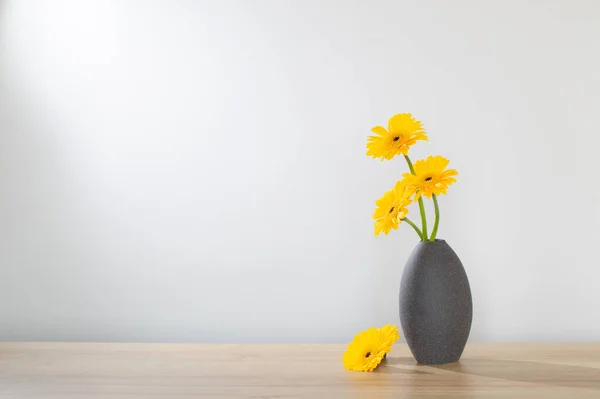 Yellow Gerbera Vase Wooden Shelf — Stock Photo, Image