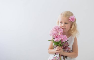 beyaz arka plan üzerinde pembe çiçekler ile güzel küçük sarışın kızlar