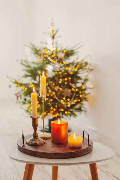Burning Candles Table Background Christmas Tree Home — Stock Photo, Image