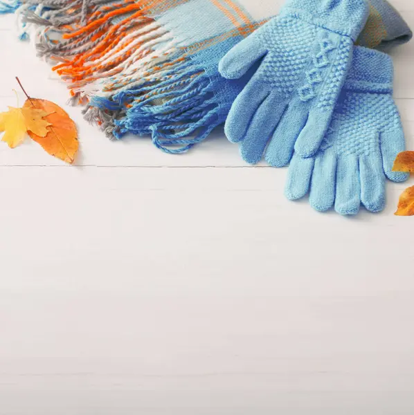 Blue Gloves Scarf Wooden White Background — Stock Photo, Image