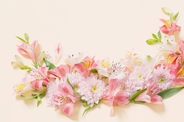 Sarı arka planda alstroemeria ve kasımpatı çiçekleri