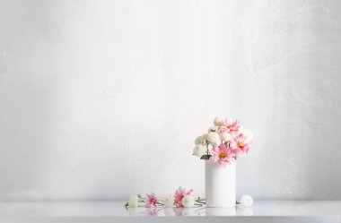 Beyaz arkaplanda vazoda beyaz ve pembe kasımpatılar