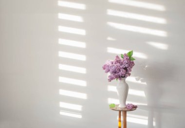 Beyaz vazodaki leylak çiçekleri arka plan beyaz duvarda