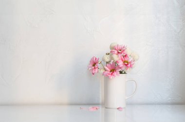 beyaz ve pembe kasımpatılar beyaz arkaplanda klasik bardakta