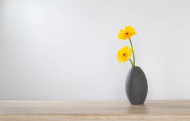 Ahşap raftaki vazoda sarı gerbera