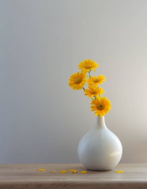 sarı gerbera modern vazoda ahşap rafta