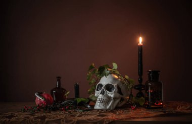 Kahverengi bir arka planda kafatası ile vanitas stili bir yaşam