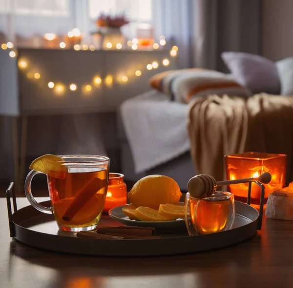 Cup Tea Lemon Honey Wooden Table Home — Stock Photo, Image