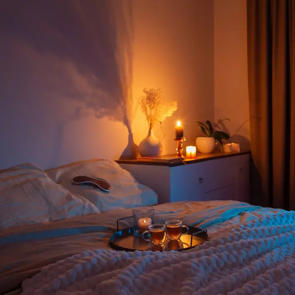 Geceleri Yatak Odasında Bir Fincan Çay — Stok fotoğraf