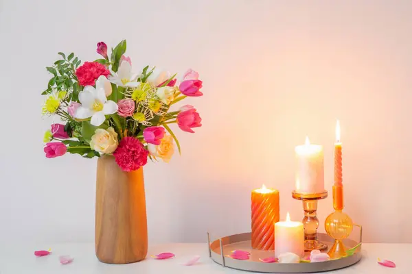 Flowers Vase Burning Candles Shelf Background Wall — Stock Photo, Image