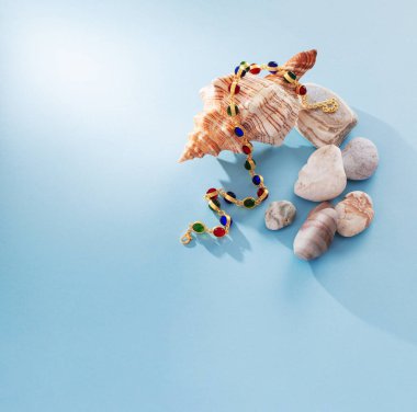 Taşlı modern mücevher ve mavi arka planda deniz kabuğu.