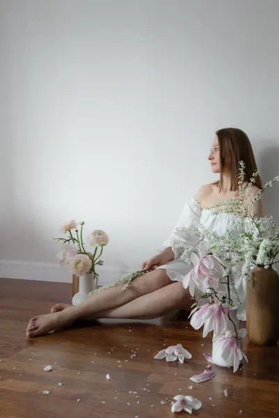 Young Elegant Woman White Dress Spring Flowers Vases White Room Stock Photo