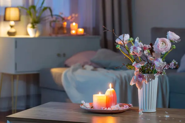 Home Interior Spring Flowers Burning Candles Royalty Free Stock Images