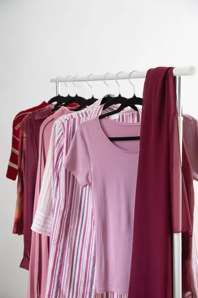 挂衣架上粉色和勃艮第流行色彩的女装 免版税图库照片