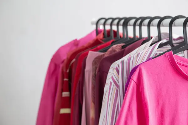 Damenbekleidung Rosa Und Weinroten Trendfarben Auf Einem Kleiderbügel lizenzfreie Stockbilder