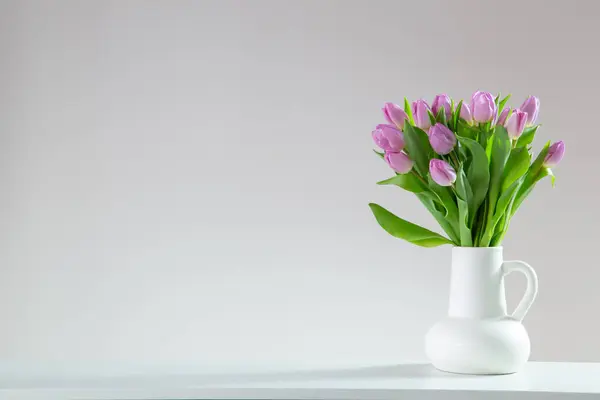 Pink Tulips White Jug White Background Stock Picture