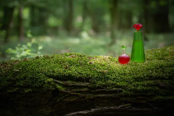 Волшебное Зелье Стеклянной Бутылке Летнем Лесу Стоковая Картинка