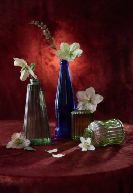 Koyu kırmızı arka planda cam vazolarda bahar çiçekleri