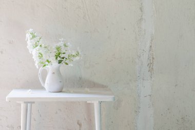 Vazodaki phloxlar beyaz arkaplandaki eski ahşap masa üzerinde