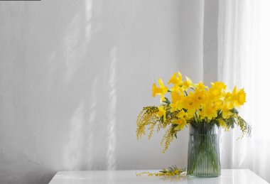 Beyaz arkaplanda cam vazoda sarı bahar çiçekleri