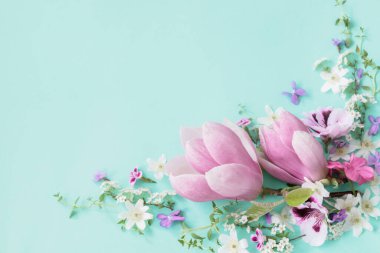 Yeşil arkaplanda pembe ve beyaz bahar çiçekleri