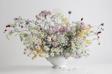 Beyaz arka planda beyaz çaydanlıkta vahşi yaz çiçekleri