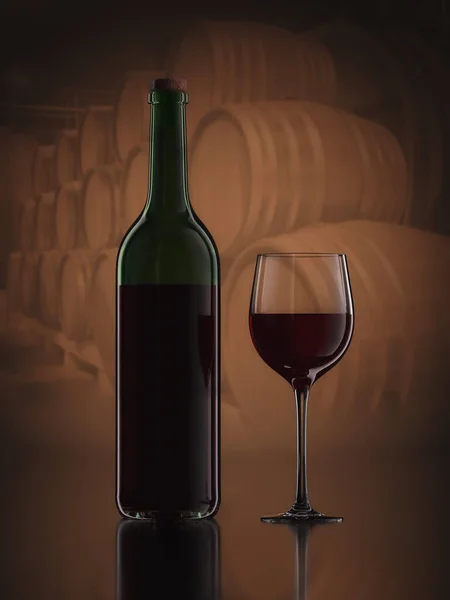 Традиционная Бутылка Красного Вина Бокал Винтажным Фоном Винодельни Рендеринг — стоковое фото