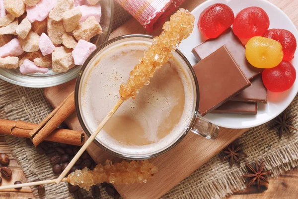 Top View Cup Coffee Milk Brown Cane Crystal Sugar Sticks — Stock Photo, Image