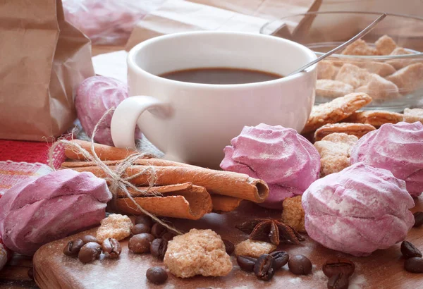 Coffee Cup Blueberry Marshmallow Heap Condiments Coffee Beans Slow Morning — Stock Photo, Image