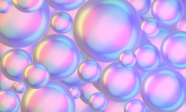 Yanardöner çember arka planı. Renkli soyut üç boyutlu küreler ve renkli paletler. Pozitif ruh hali arka planı. 3d hazırlayıcı