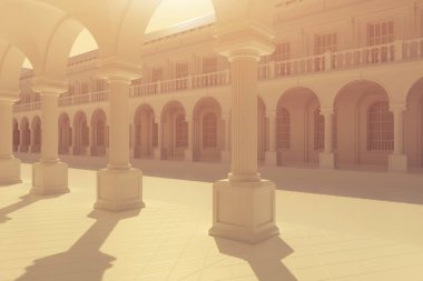 Ortaçağ İtalyan Bologna tarzında sütunları ve kavisleri olan soyut eski bir saray. Çamur mimari, güneş ışığıyla monokrom. 3d hazırlayıcı