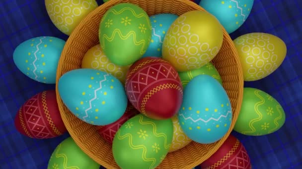Uova Pasqua Dipinte Colorate Festive Cesto Vimini Rotazione Vista Dall — Video Stock