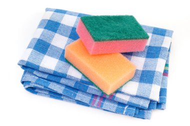 Two kitchen foam sponges for dishes cleaning and washing with towel cloth clipart